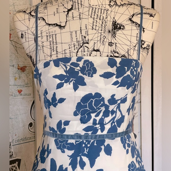 Boho Floral Blue On White Inlay With Velvet Adjustable Trim & Straps Midi Dress - Picture 4 of 11